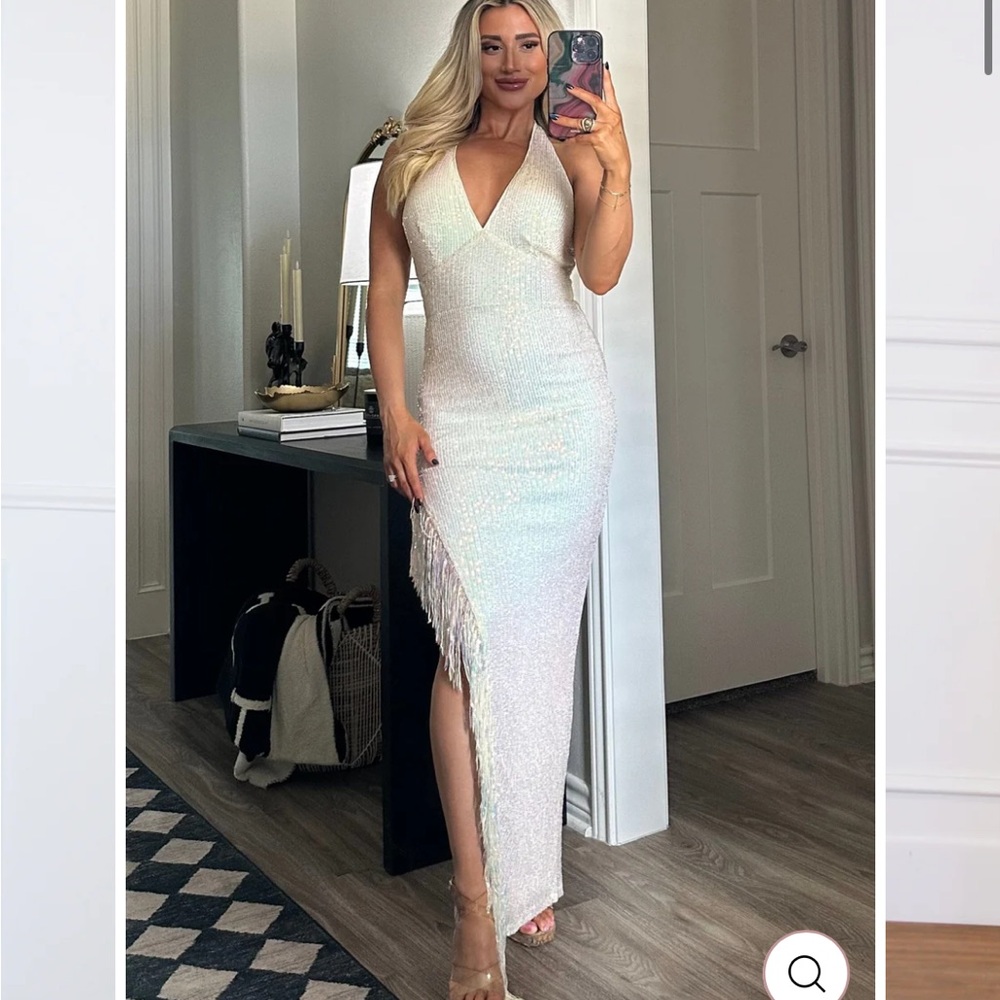 NWT White Sequin & Fringe Halter Maxi Dress